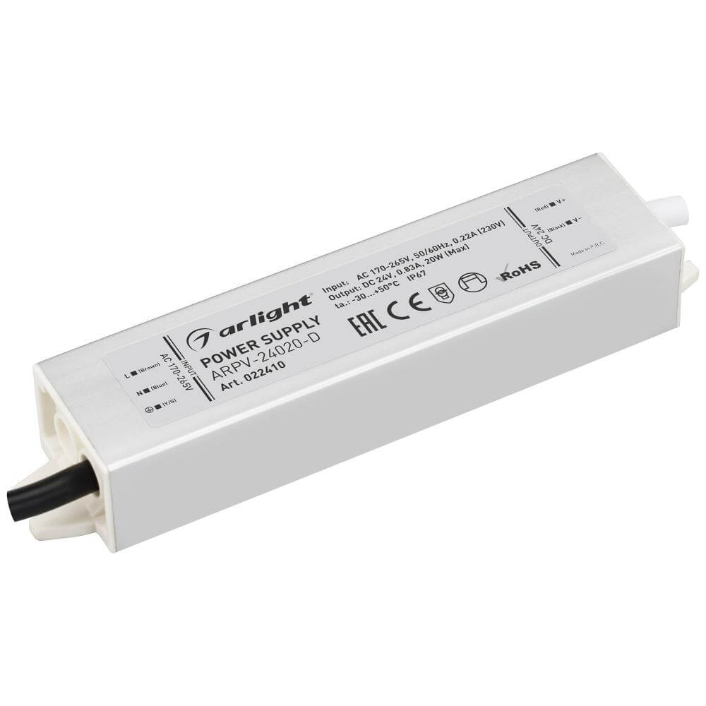 Блок питания Arlight ARPV-24020-D (24V, 0.8A, 20W) (IP67 Металл, 3 года) 022410