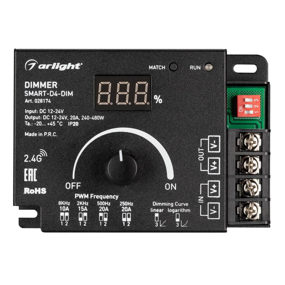 Диммер Arlight SMART-D4-DIM (12-24V, 1x20A. 2.4G) (IP20 Металл, 5 лет) 028174