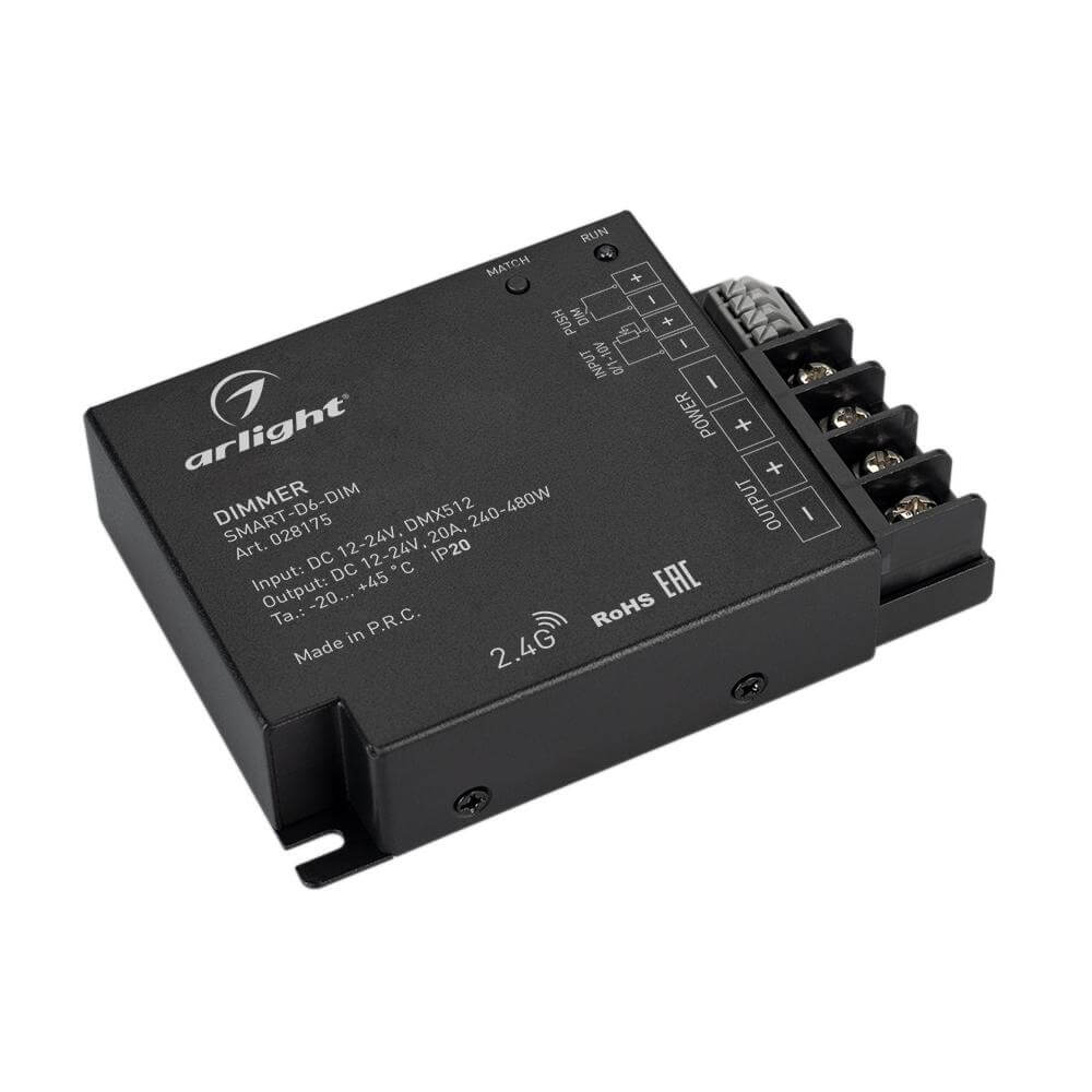 Диммер Arlight SMART-D6-DIM (12-24V, 1x20A, 2.4G) (IP20 Металл, 5 лет) 028175