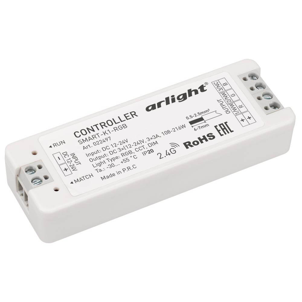 Контроллер Arlight SMART-K1-RGB (12-24V, 3x3A, 2.4G) (IP20 Пластик, 5 лет) 022497