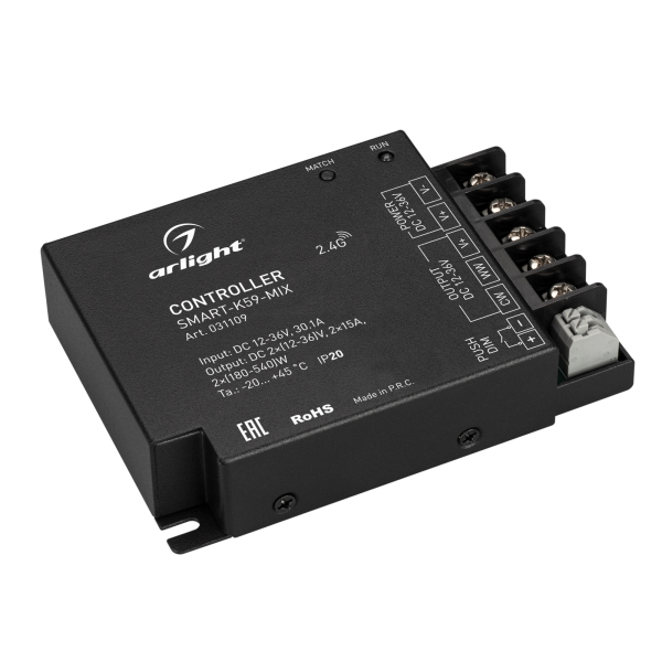 Контроллер Arlight SMART-K59-MIX (12-36V, 2x15A, 2.4G) (IP20 Металл, 5 лет) 031109