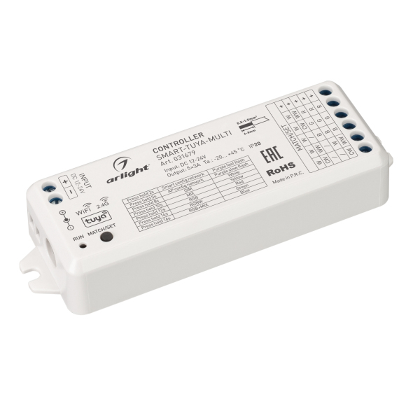 Контроллер Arlight SMART-TUYA-MULTI (12-24V, 5x3A, RGB-MIX, 2.4G) (IP20 Пластик, 5 лет) 031679