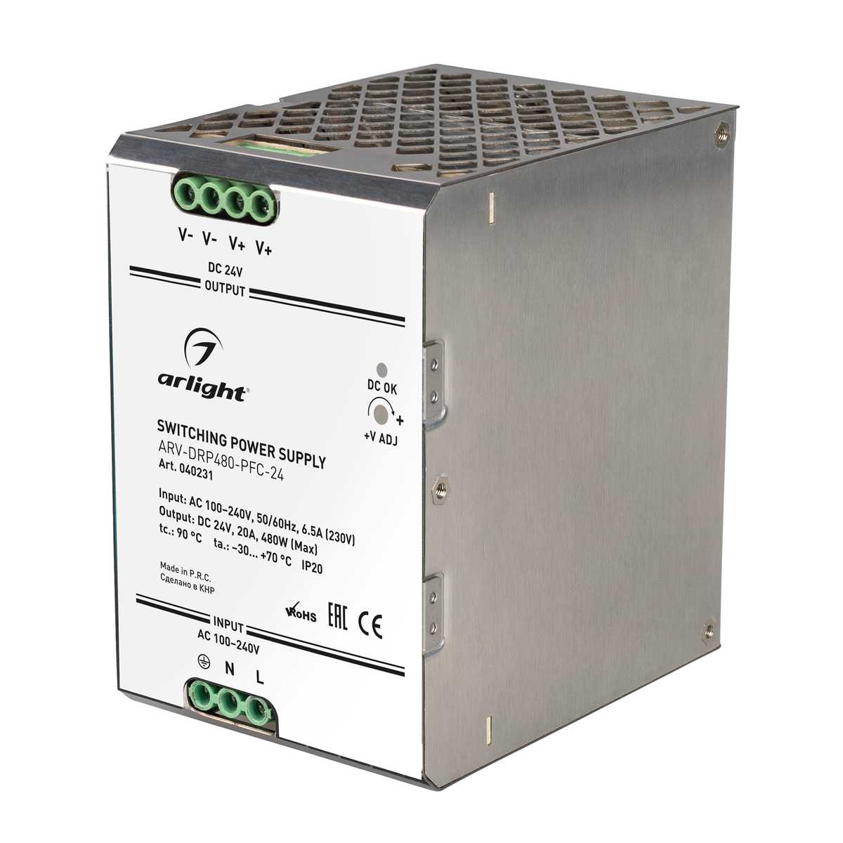 Блок питания Arlight ARV-DRP480-PFC-24 (24V, 20A, 480W) (IP20 Металл, 5 лет) 040231