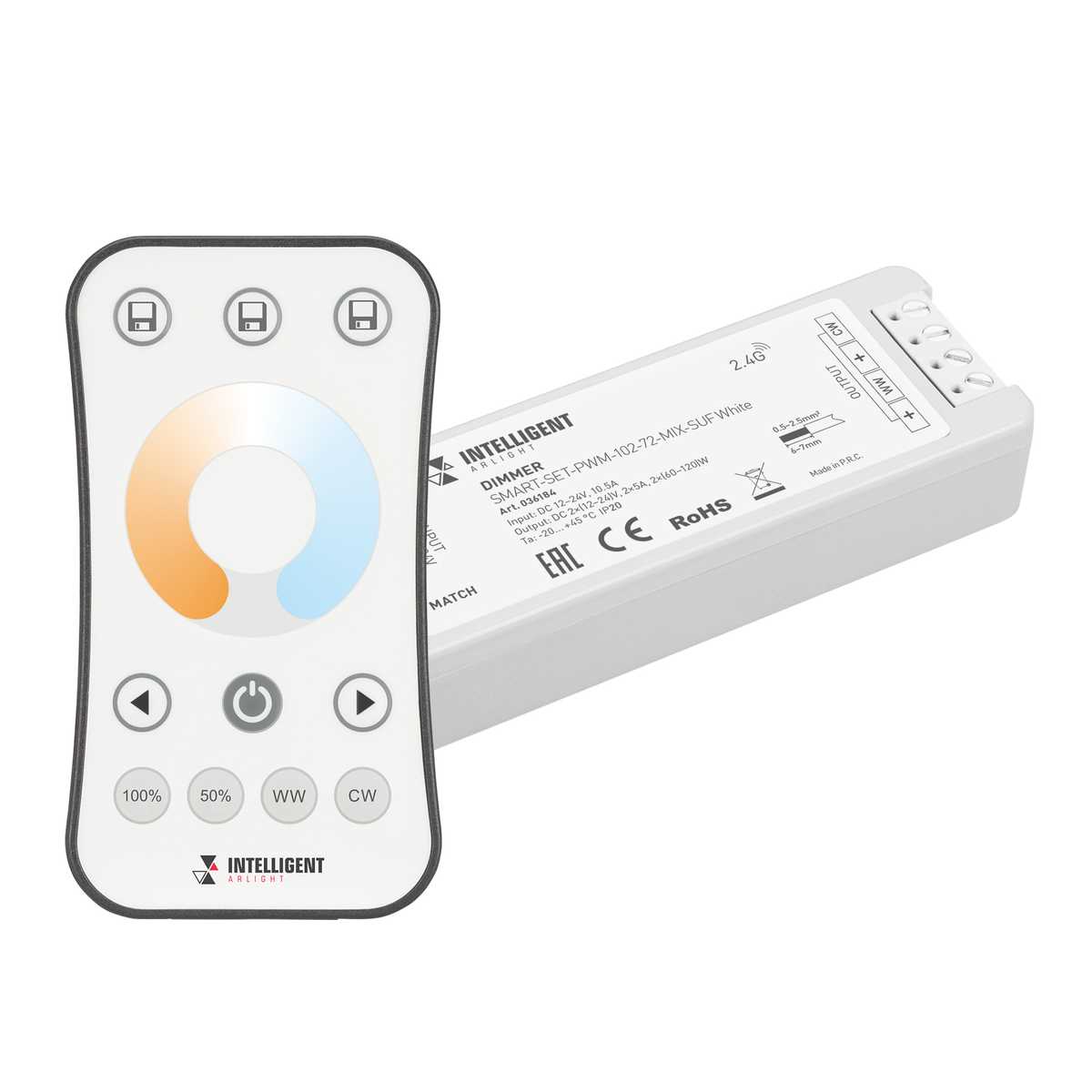 Диммер Arlight SMART-SET-PWM-102-72-MIX-SUF White (12-24V, 2x5A, ПДУ RING 10кн, 2.4G) (IP20 Пластик, 5 лет) 036184
