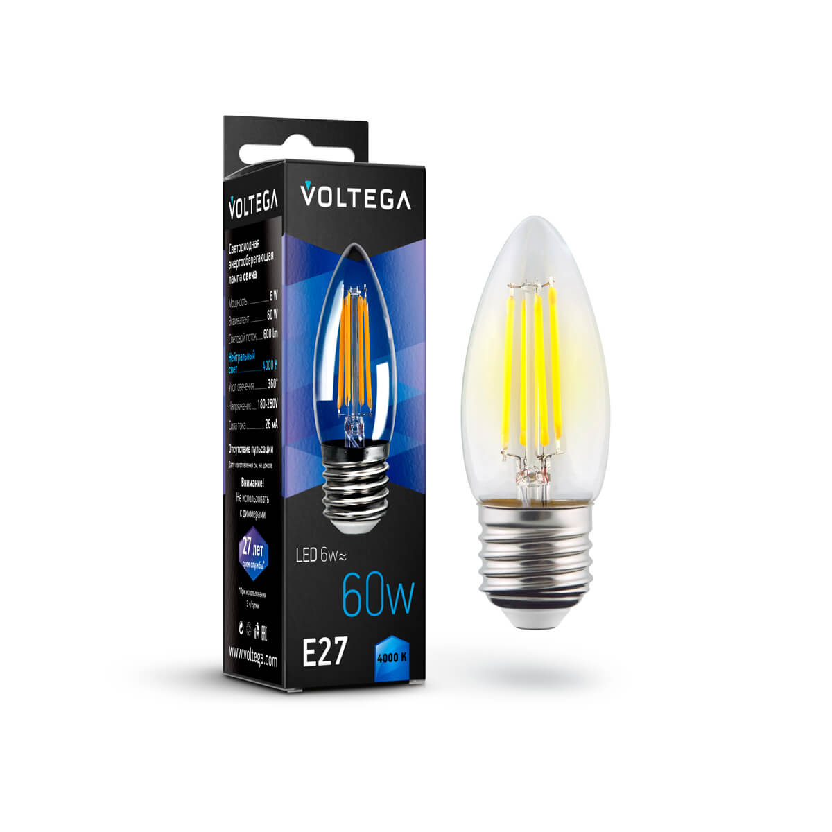 Светодиодная лампа Voltega Crystal Candle E27 6W 4000K прозрачная 7029