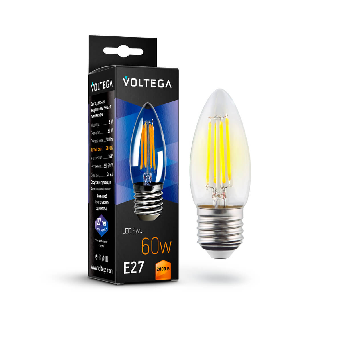Светодиодная лампа Voltega Crystal Candle E27 6W 2800K прозрачная 7046