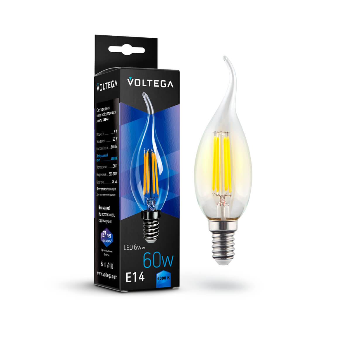 Светодиодная лампа Voltega Crystal Candle wind E14 6W 4000К прозрачная 7018