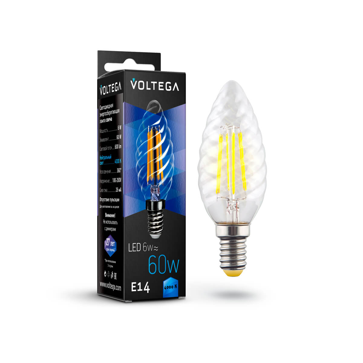 Светодиодная лампа Voltega Crystal Candle corn E14 6W 4000К прозрачная 7028