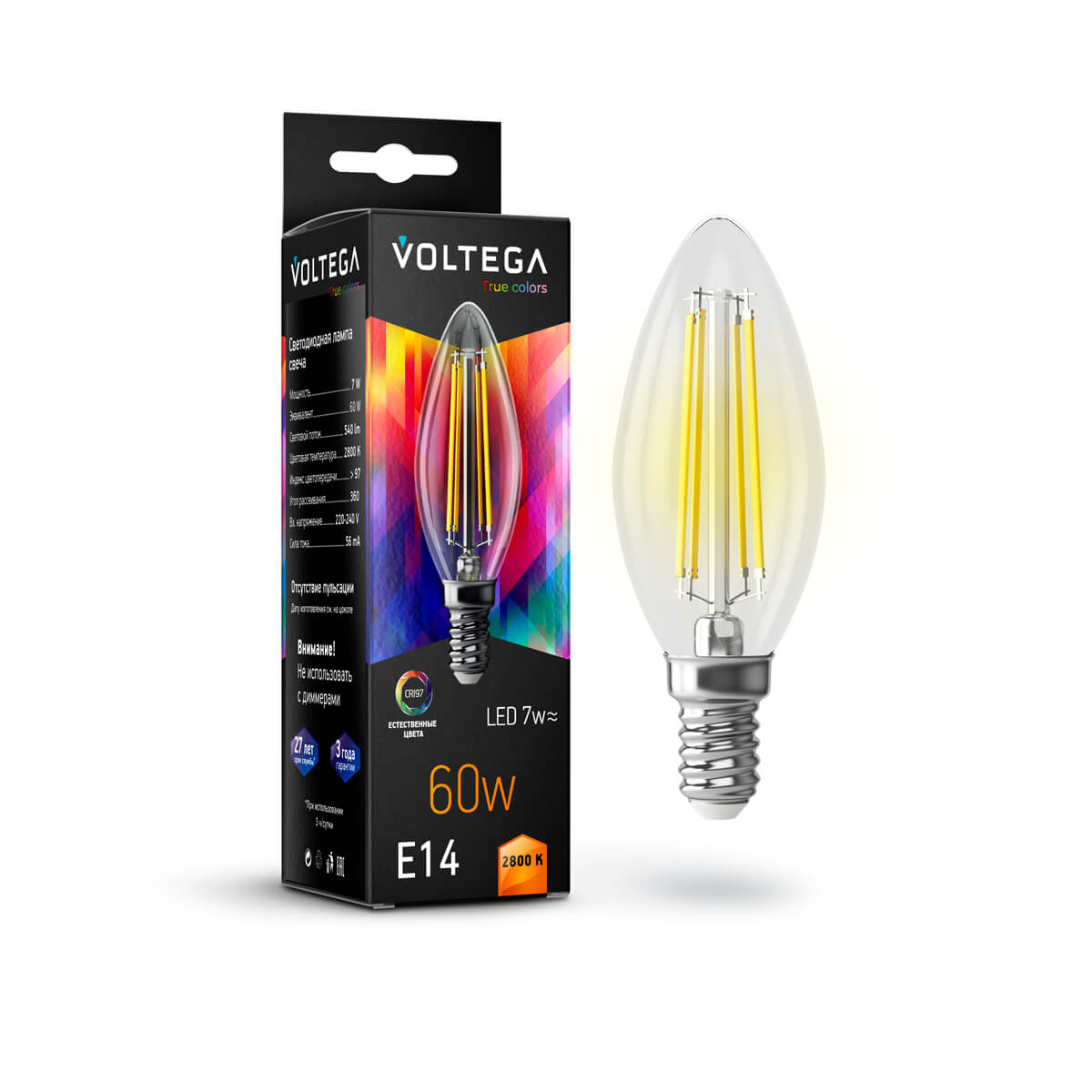 Светодиодная лампа Voltega Crystal Candle E14 7W 2800K прозрачная CRI97 7152