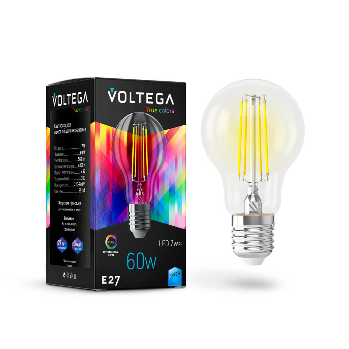 Светодиодная лампа Voltega Crystal E27 7W 4000K прозрачная CRI97 7155