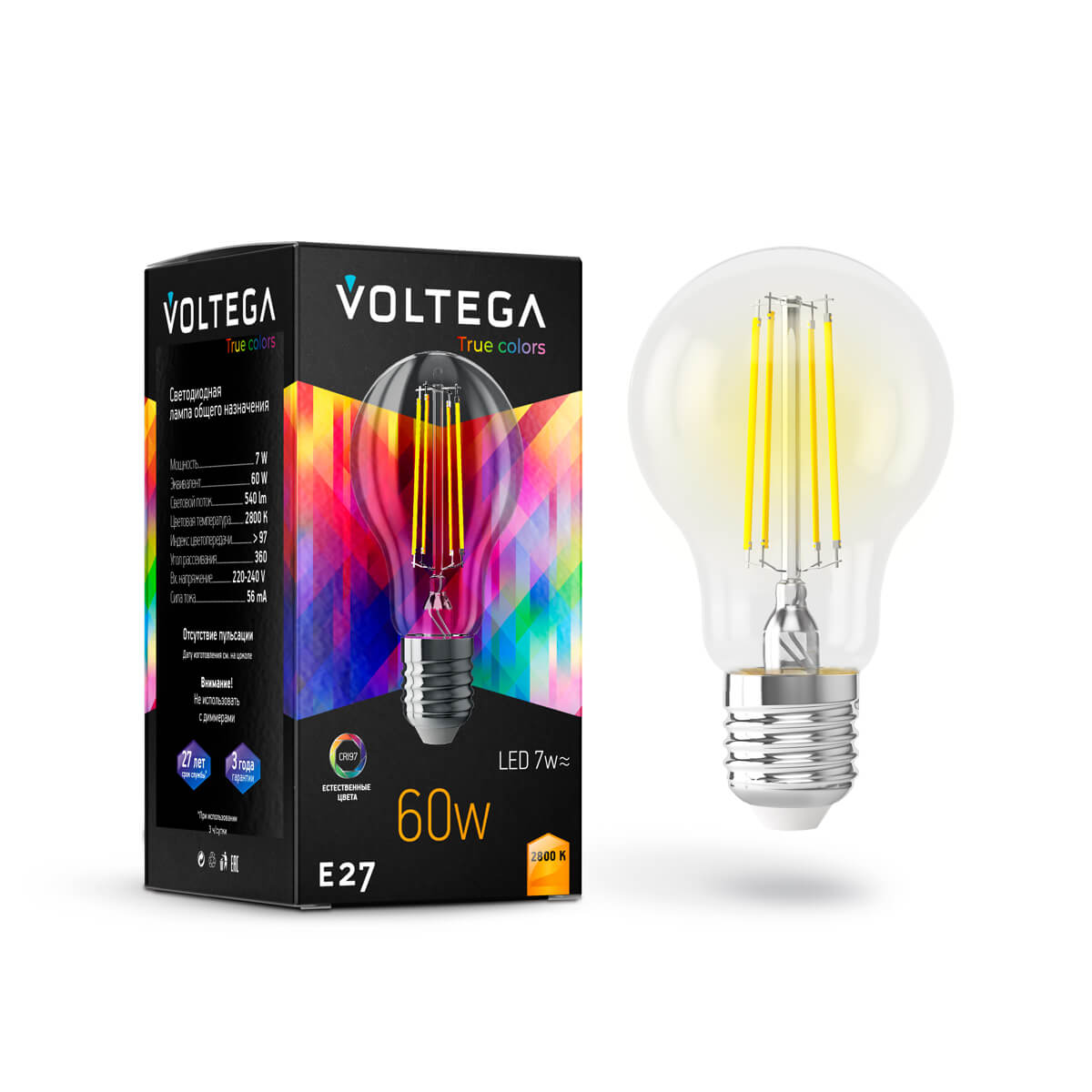 Светодиодная лампа Voltega Crystal E27 A60 7W 2800K прозрачная CRI97 7154