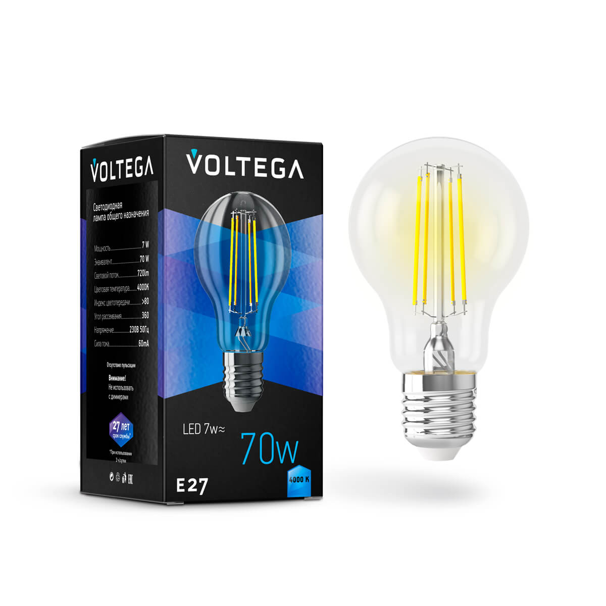 Светодиодная лампа Voltega Crystal A60 E27 7W 4000K прозрачная 7141