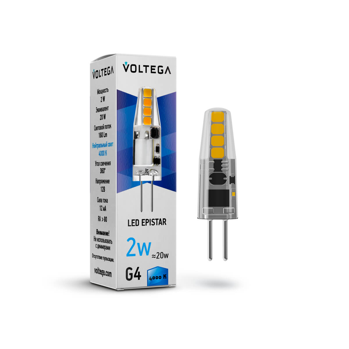 Светодиодная лампа Voltega Simple Capsule 2W 4000K G4 12V прозрачная 7143
