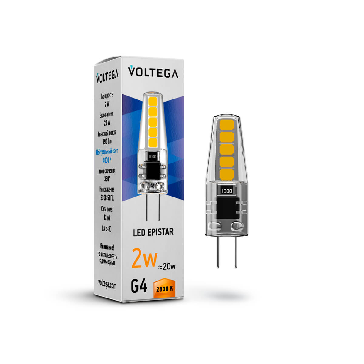 Светодиодная лампа Voltega Simple Capsule 2W 2800K G4 прозрачная 7144