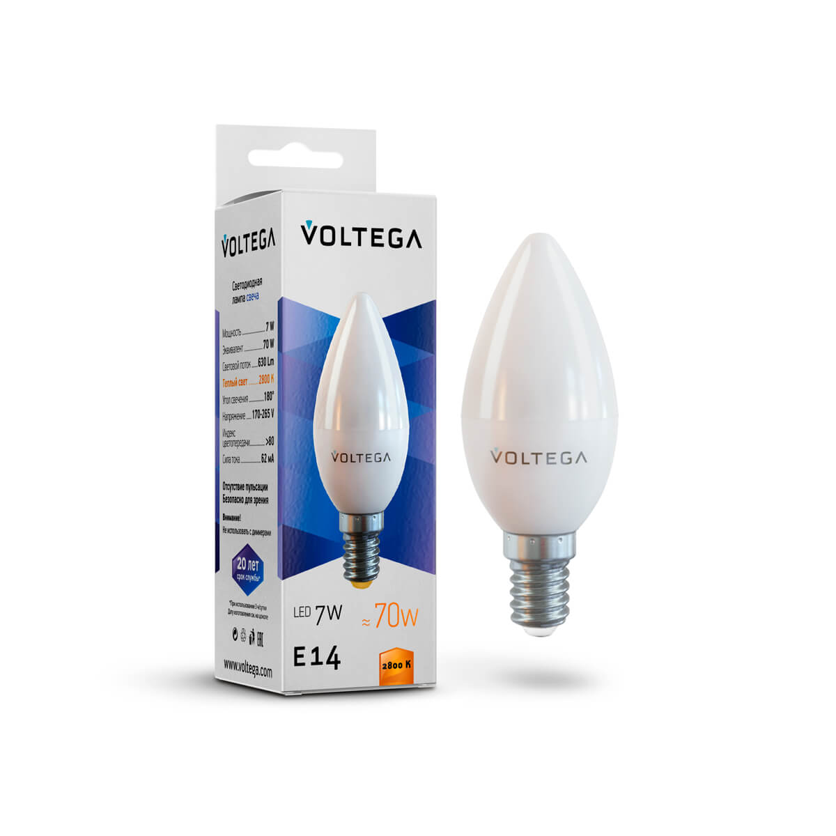 Светодиодная лампа Voltega Simple Candle 7W 2800K E14 матовая 7048