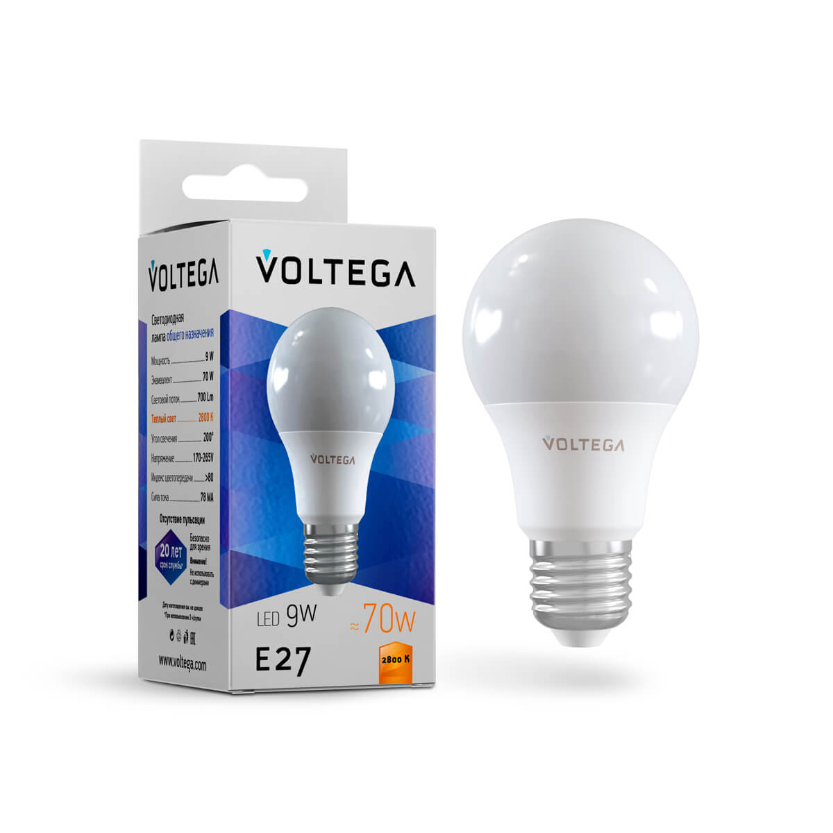 Светодиодная лампа Voltega Simple A60 E27 9W 2800К матовая 8343