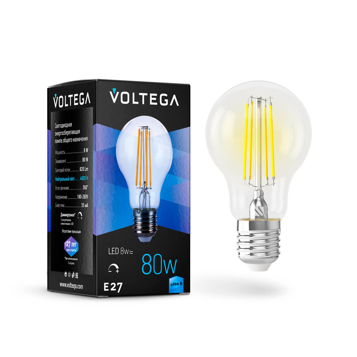 Светодиодная лампа Voltega Crystal A60 E27 DIM 8W 4000К прозрачная 5490