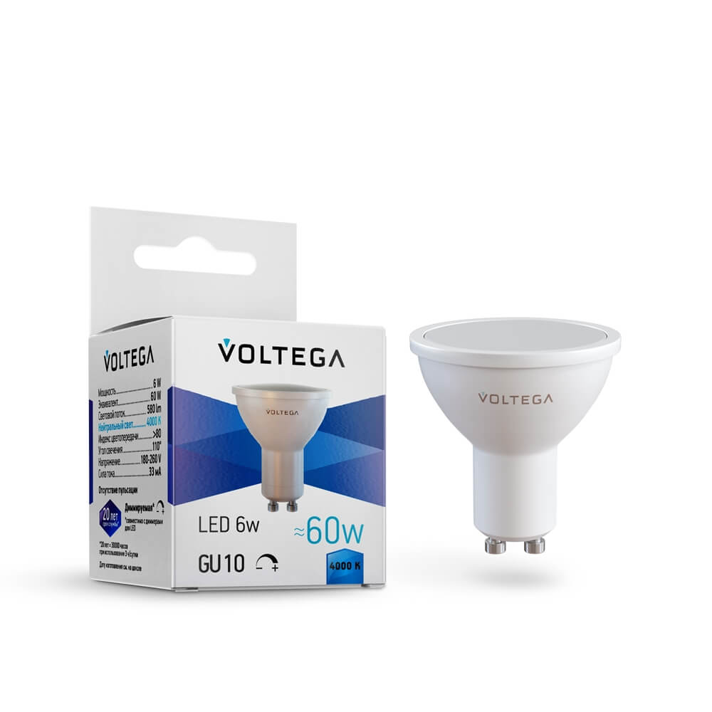 Светодиодная лампа Voltega Simple GU10 MR16 110 DIM 6W 4000K матовая 8458