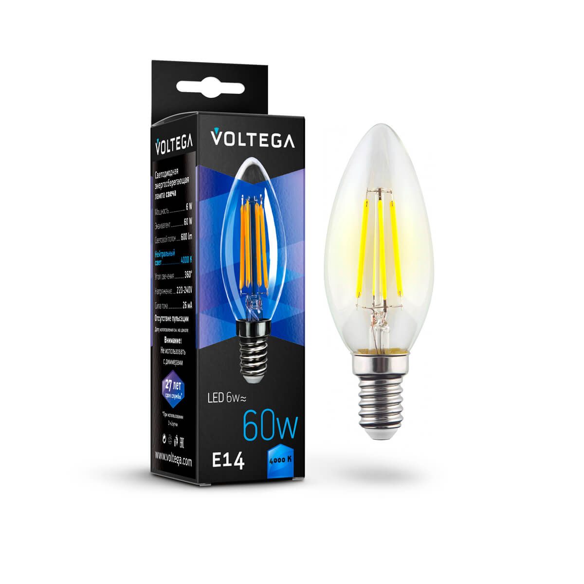Светодиодная лампа Voltega Crystal Candle E14 6W 4000K прозрачная 7020
