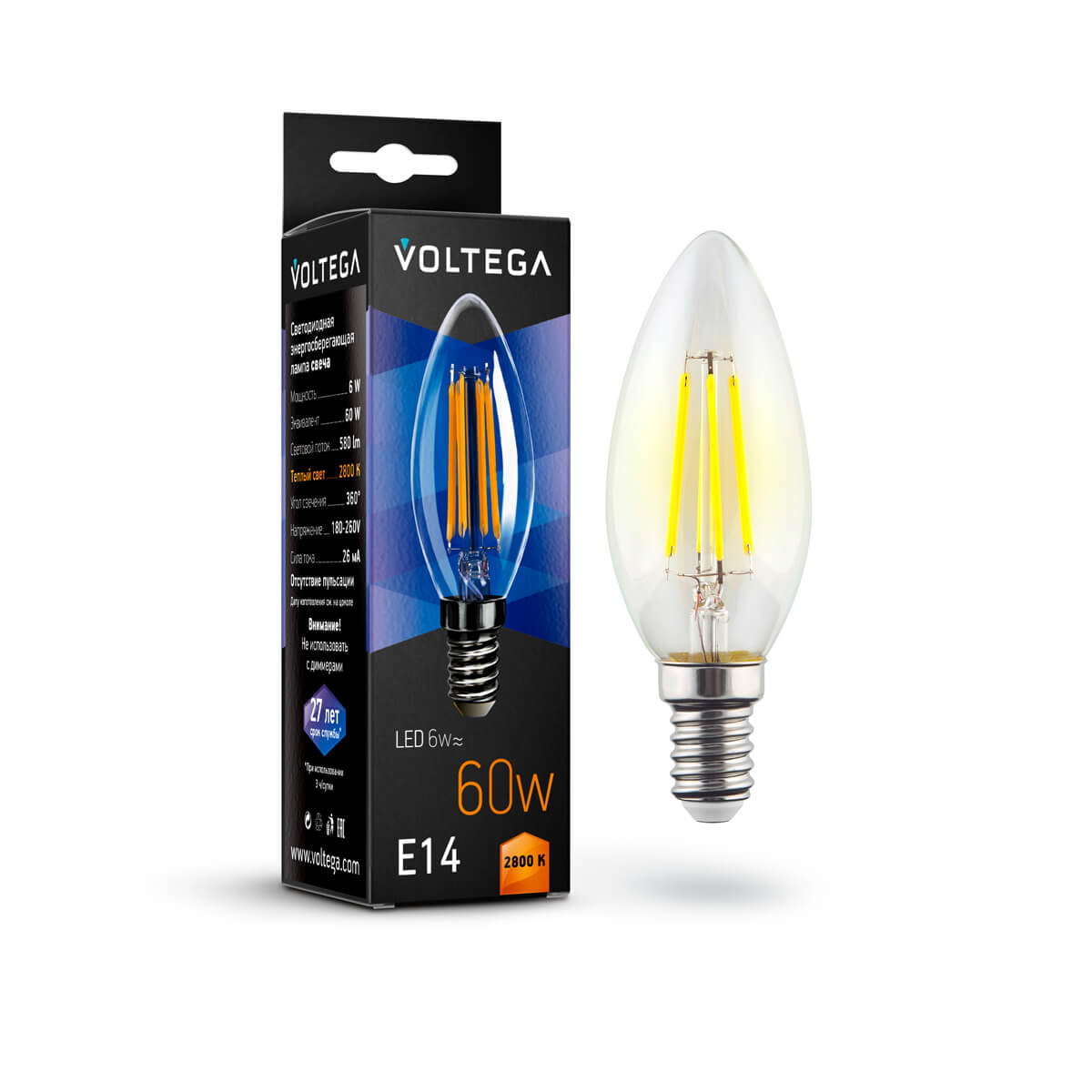 Светодиодная лампа Voltega Crystal Candle E14 6W 2800К прозрачная 7019