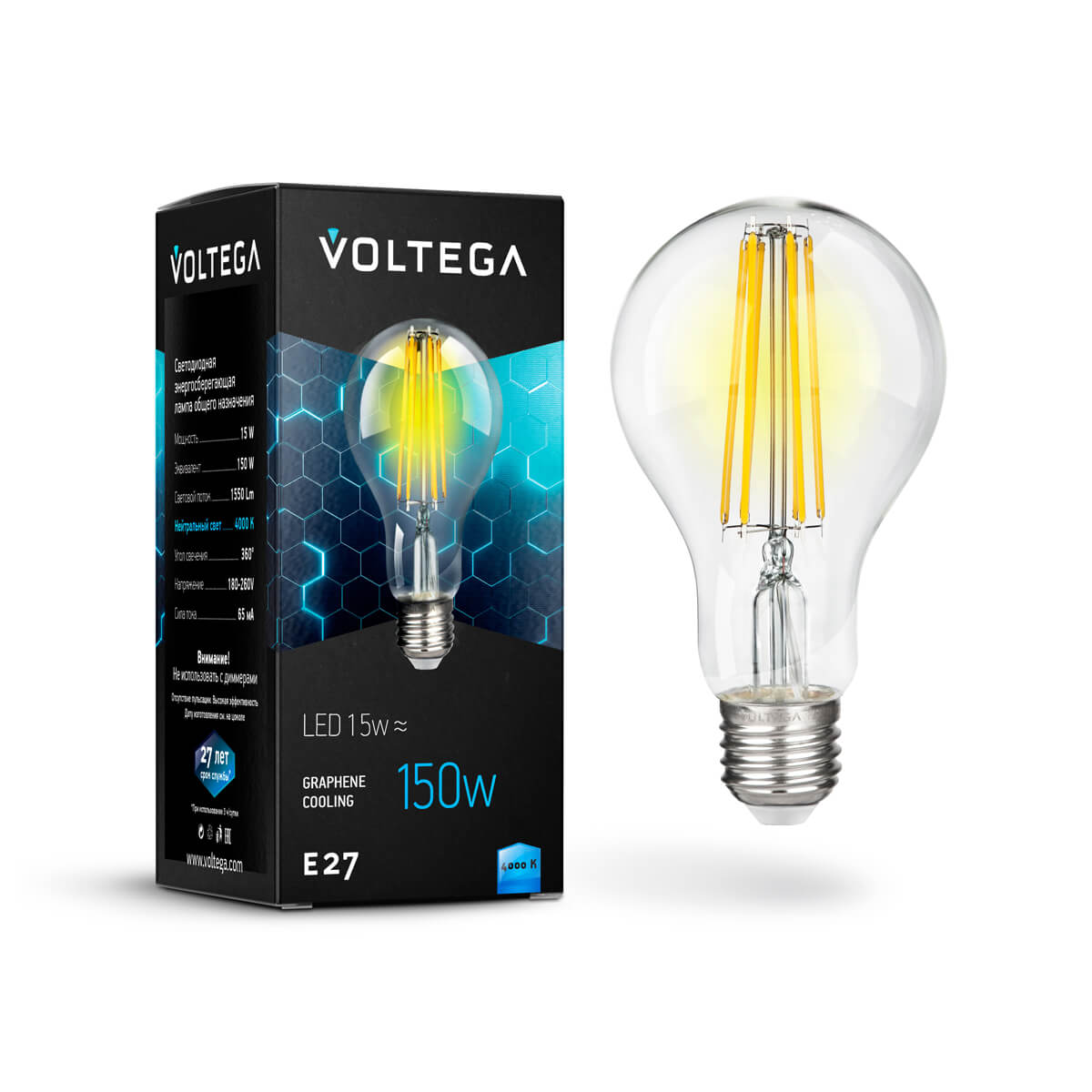 Светодиодная лампа Voltega Crystal Graphene A60 E27 15W 4000К прозрачная 7103