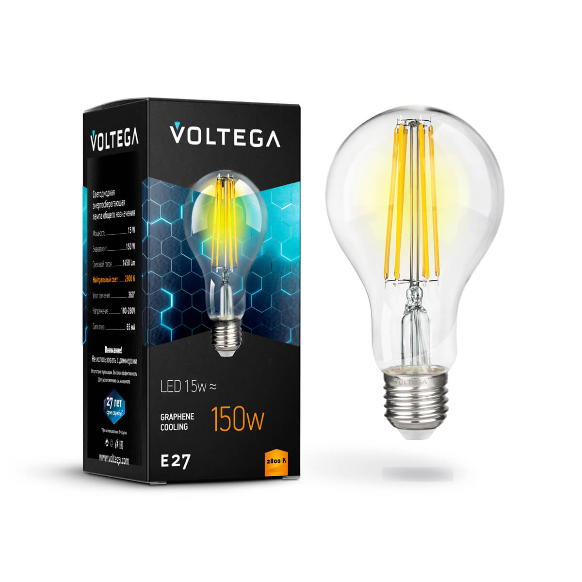 Светодиодная лампа Voltega Crystal Graphene A60 E27 15W 2800К прозрачная 7104