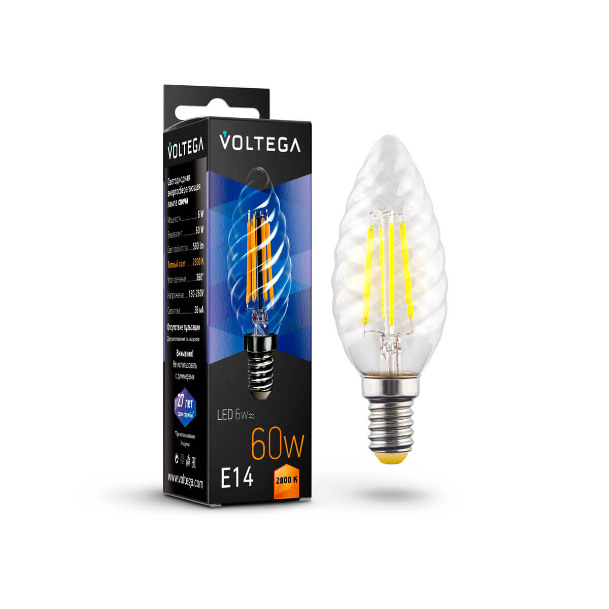 Светодиодная лампа Voltega Crystal Candle corn E14 6W 2800К прозрачная 7027