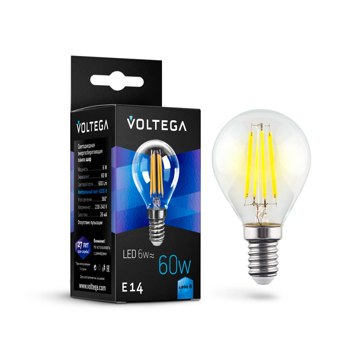 Светодиодная лампа Voltega Crystal Globe E14 6W 4000К прозрачная 7022