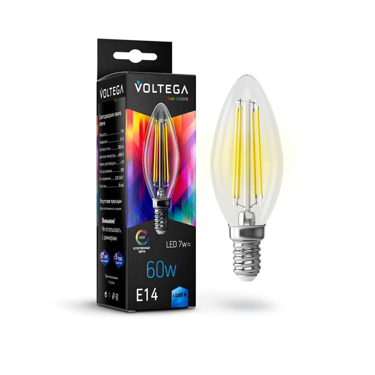 Светодиодная лампа Voltega Crystal Candle E14 7W 4000K прозрачная CRI97 7153