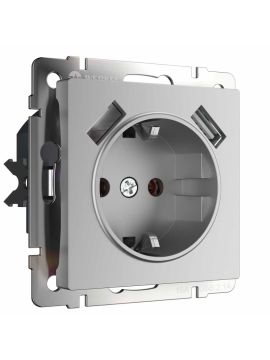 Розетка Werkel с заземлением, шторками и USBх2 серебряная W1171506 4690389156458