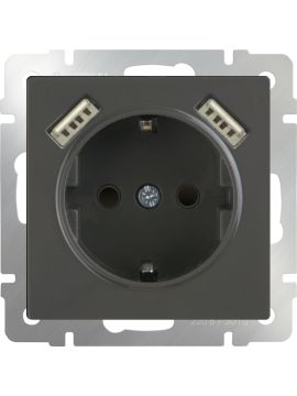 Розетка с заземлением, шторками и USBx2 серо-коричневая Werkel WL07-SKGS-USBx2-IP20 4690389073229